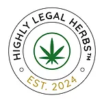 Logo of "highly legal herbs," featuring a green cannabis leaf inside a circle, with the text "est. 2024" placed below, encased in a gray outer circle.